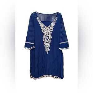 Boho Crochet Trim Tunic Cover-Up Royal Blue Cobalt 1X 2X Resort Beach